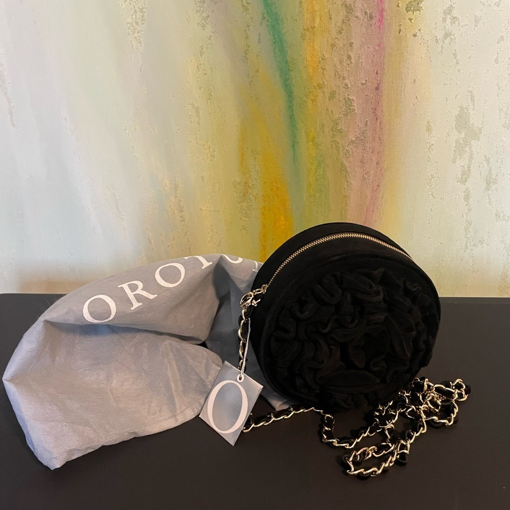 Oroton small black suede floral evening bag
